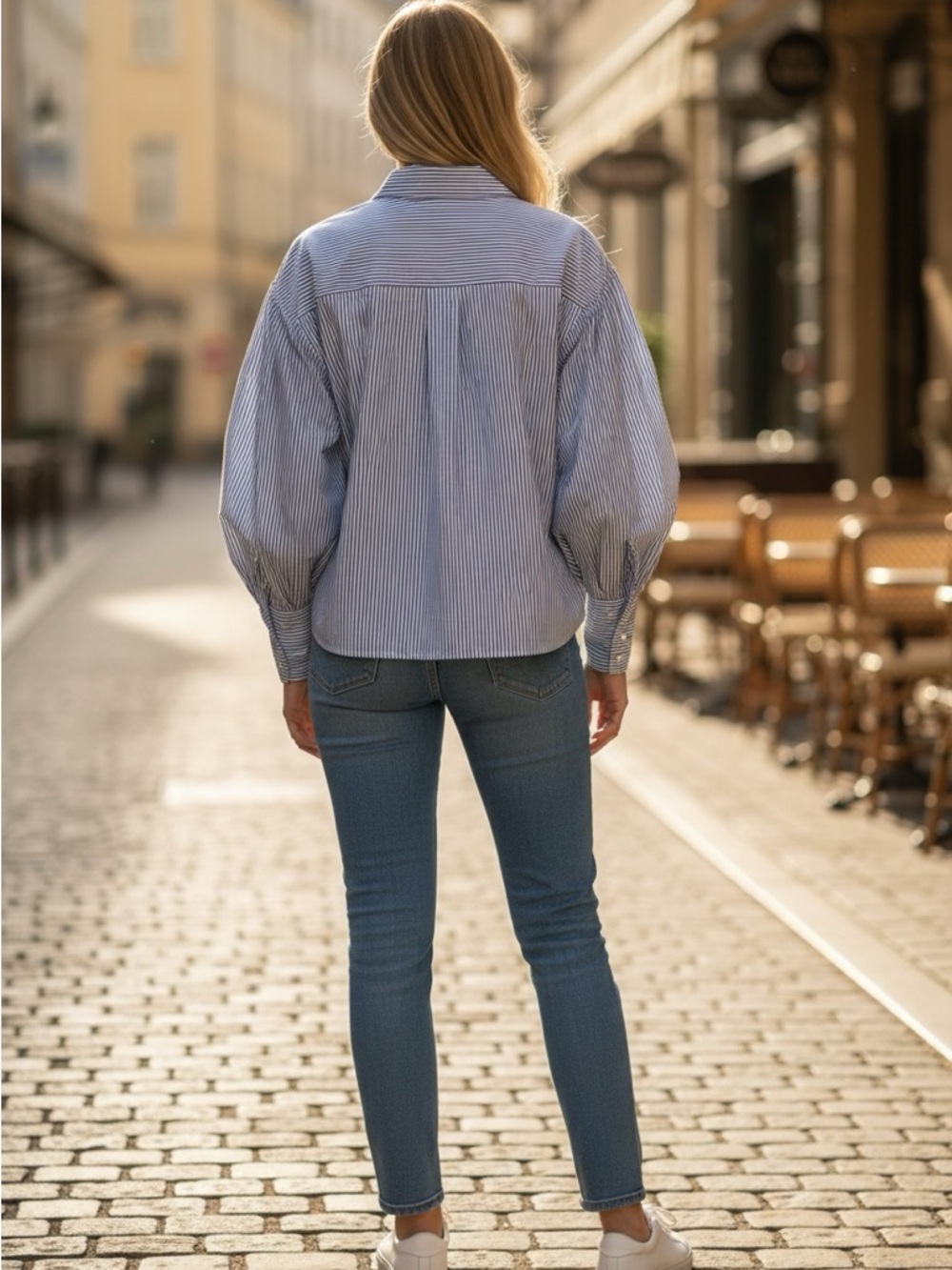 AQUA Blue White Striped Puff Sleeve Button Down Shirt XL Chic Oversized Blouse - Picture 2 of 4
